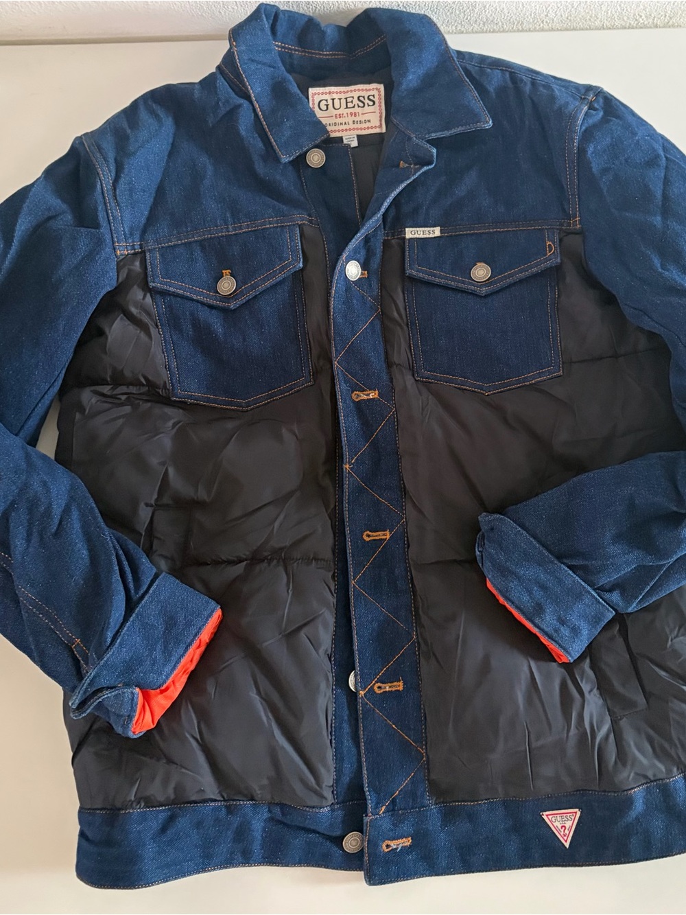 GUESS Blue Denim and Black Quilted Puffer Jacket